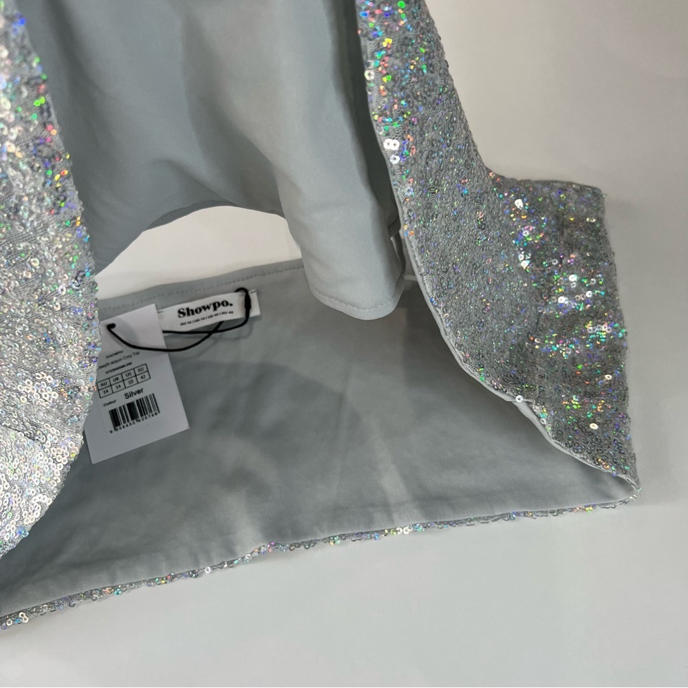 Showpo. Elswyth Sequin Crop Top Iridescent Silver Size 10 - Picture 6 of 9